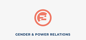 Icon of an fragmented equals sign over the text 'gender and power relations'.